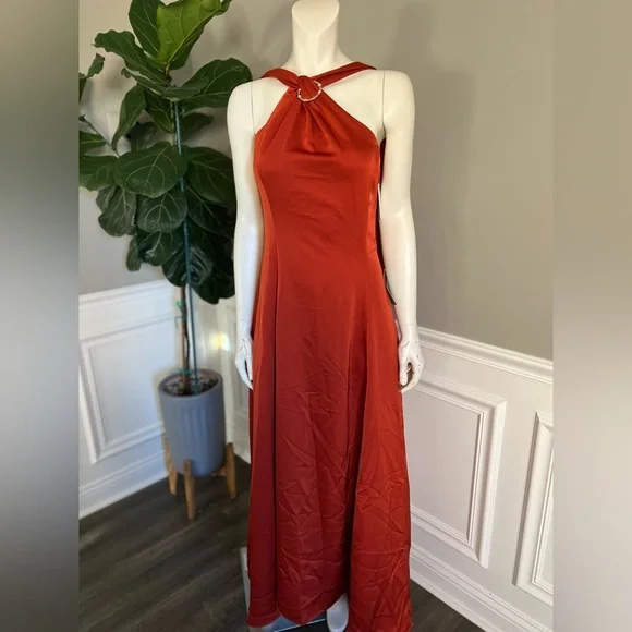 Halston Heritage Genevieve Orange Maxi Satin Evening Dress Sz 2 595$